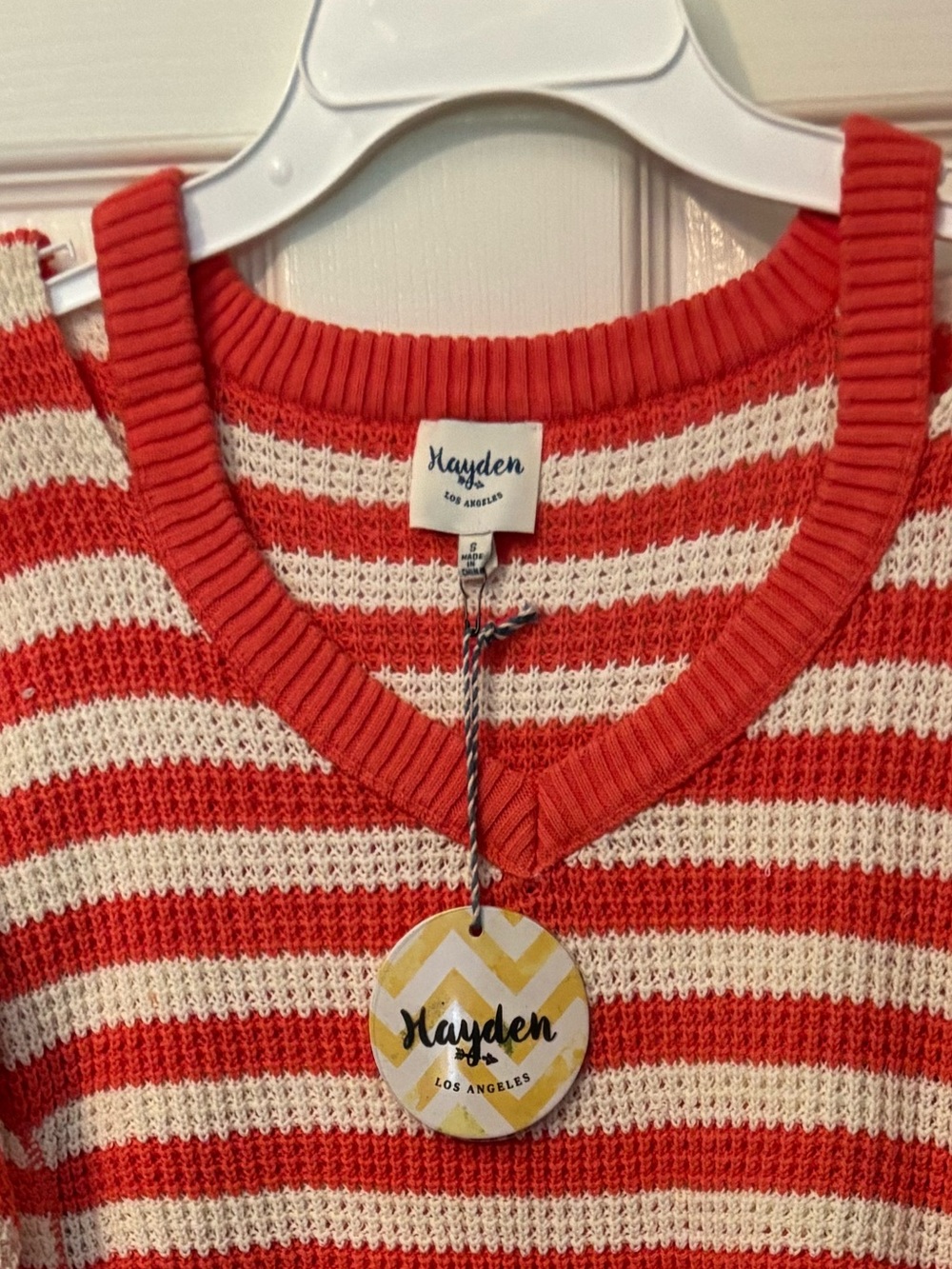 Ladies Hayden Red and Cream Striped V-Neck Sweater size small